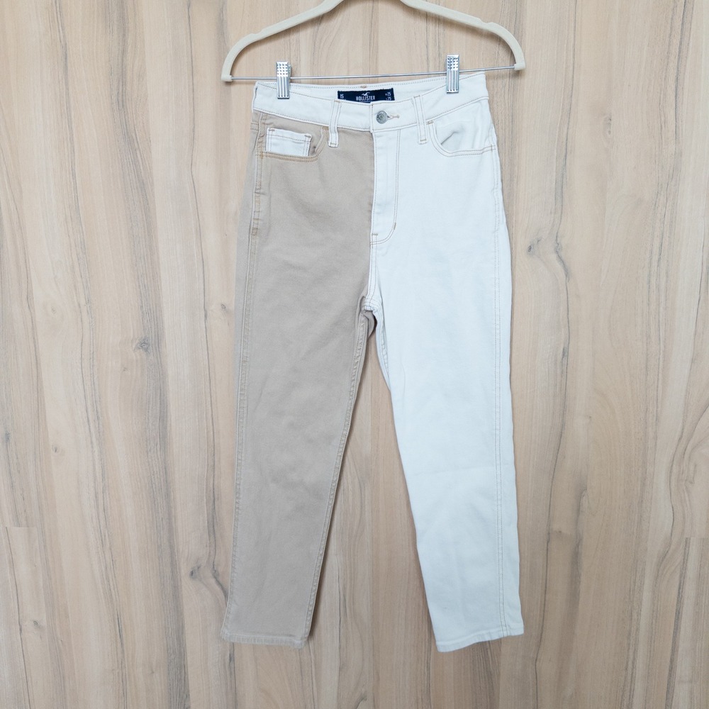 Hollister Womens Ultra High-Rise Mom Jean 25 Tan White Colorblock Two Tone